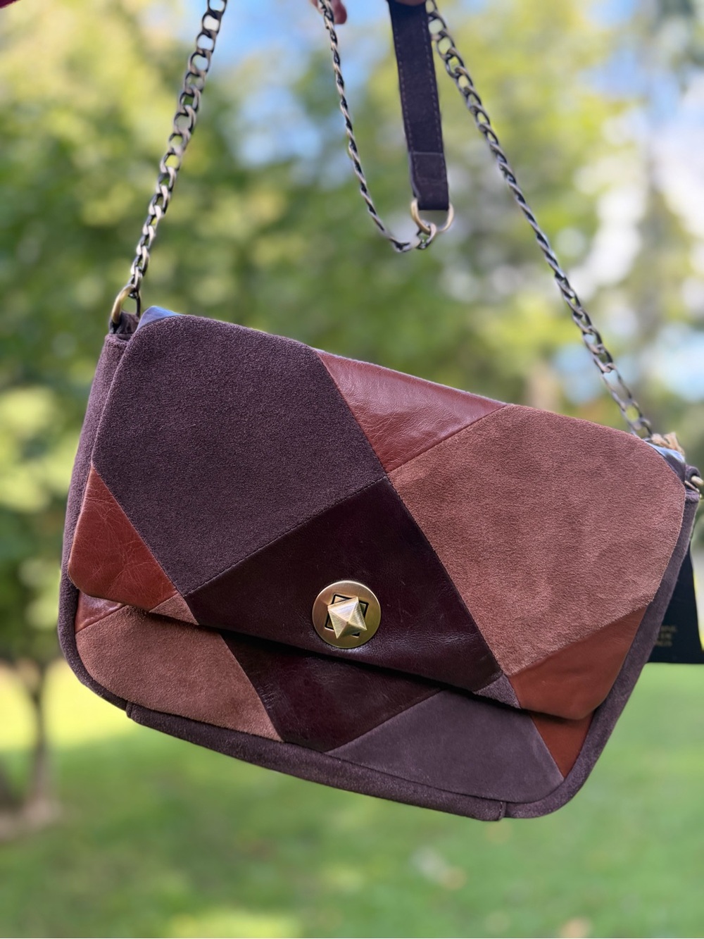 NWT Gold, Brown & Multi-Tone Patchwork Leather & Suede Chain Crossbody Bag